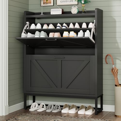 GRUSIGN Shoe Cabinet, Shoe Storage Cabinet with 2 Flip Drawers & Adjustable Shelf, Space-Saving Shoe Organizer – Holds 16+ Pairs, Narrow Shoe Cabinet Storage for Entryway/Hallway（Black） - color: Black