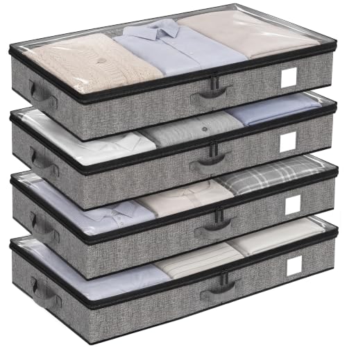 Under Bed Storage Containers 4 Pack Reinforced Underbed Organizer Box | Reinforced Sidewalls and Bottom, Low-Profile Design Below 4.5in, for Clothes and Linens, Under-Bed Storage