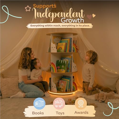 pimlyo® Rotating Bookshelf Kids with Removable Light, Spinning Book Shelf for Kids Rooms for Toddler Kid Room Storage, Small Wooden Round White Tower Bookcase for Nursery Bedroom Playroom Rooms
