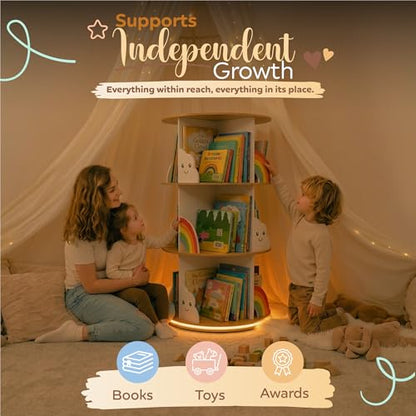 pimlyo® Rotating Bookshelf Kids with Removable Light, Spinning Book Shelf for Kids Rooms for Toddler Kid Room Storage, Small Wooden Round White Tower Bookcase for Nursery Bedroom Playroom Rooms