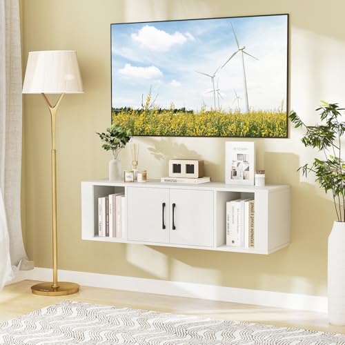 GOFLAME Floating TV Stand, Wall Mounted TV Console Table with Doors, Entertainment Media Center Under TV, Modern TV Cabinet for Living Room, Bedroom, Office, White - color: White