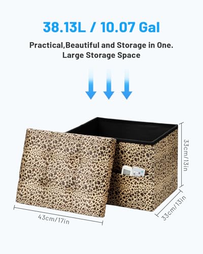 Bsketa Storage Ottoman, 17" Folding Velvet Foot Rest,Leopard Print 2 Pack | Small Ottoman with Side Pockets, Thicker Foam Padded Seat, Livingroom, Dorm, Bedroom, Easy to install, 43L,17x13x13in - color: Leopard Print 2 Pack-with Side Pockets