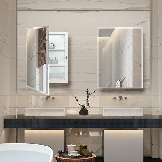 Plastic Bathroom Medicine Mirror Cabinet 16 x 22 inch, Surface and Recessed Mount, Beveled Edge Mirror - color: White, size: 16x22 inch Beveled Edge Mirror