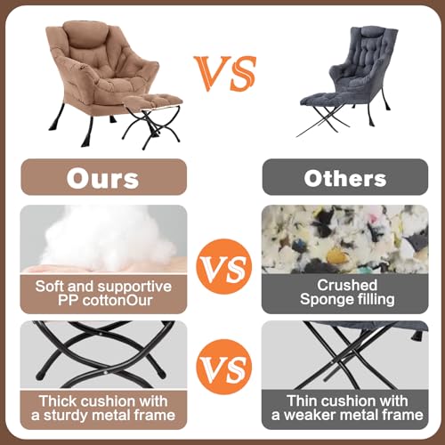 Lazy Chair with Ottoman, Soft Comfy Chair for Bedroom, Khaki | Reading Accent Lounge Chair with folding Foot Stool for Living Room Dorm Apartment, sturdy metal frame - color: Khaki