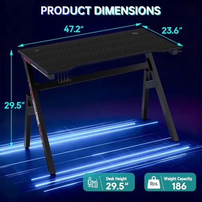 BestOffice | 47" Gaming Desk | Black & Red | Carbon Fiber Textured Computer Desk | Sturdy Steel Frame,Cup Holder, Headphone Hook, Cable Management Holes, Adjustable Leg Pads | for Gamers,Home,Office - color: Black&red, size: 47 Inch R Shaped
