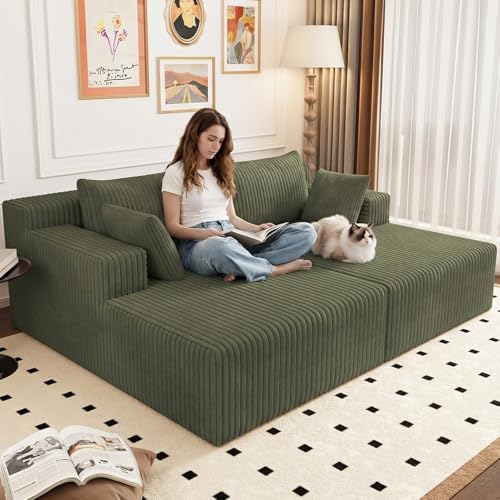 70.8" Oversized Double Chaise Lounge Indoor, Upholstered Deep Seat Cloud Couch Corduroy Lounge Chair, Modern Sofa Bed Loveseat Sleeper Chair for Living Room Bedroom Apartment,Green - color: Green, size: 70.8"