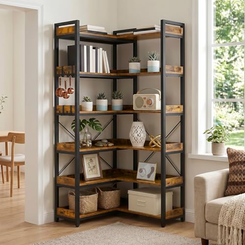 GTPLAYER 6-Tier Corner Bookshelf, L-Shaped Metal Frame Shelf with Tall 14" Shelves, Plant Stand and Storage Rack for Small Spaces, Living Room and Home Office, Vintage Brown - color: Vintage Brown, size: 6 Tier