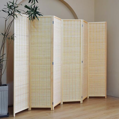 6 Panel Bamboo Room Divider – 5.6 ft Tall Folding Privacy Screen, Natural Beige Freestanding Room Partition Wall (67" H x 92.1" W, 6-Panel) - color: Beige, size: 6 Panel