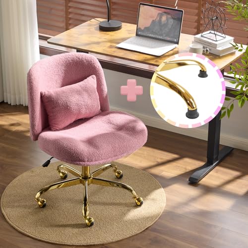 VINGLI Wide Criss Cross Legged Office Chair,Buttprint Ergonomic Desk Chair Comfy with Pillow&Gold Base,Dual-Use with/no Wheels,Adjustable Vanity Swivel Chair for Bedroom,Home Office,Teddy Plush,Purple - color: Iris Purple