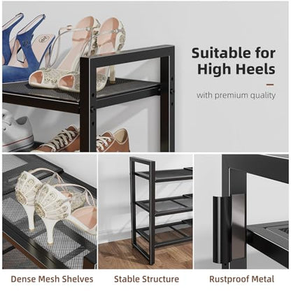 Simple Trending 3-Tier Expandable Shoe Rack, Adjustable & Stackable Shoe Organizer, Metal Mesh Free Standing Shoe Shelf Storage for Closet Entryway Doorway, Black