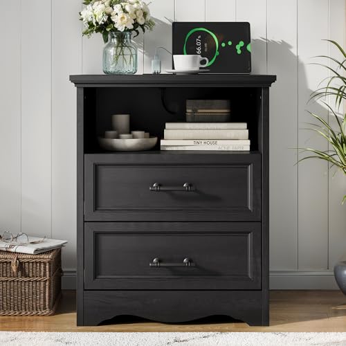 Black Night Stand with Charging Station, Farmhouse Bedside Table & End Table with 2 Drawers and Unique Base Design, Wood Nightstand with Metal Handles for Bedroom, Living Room - color: Black, size: 1 Piece