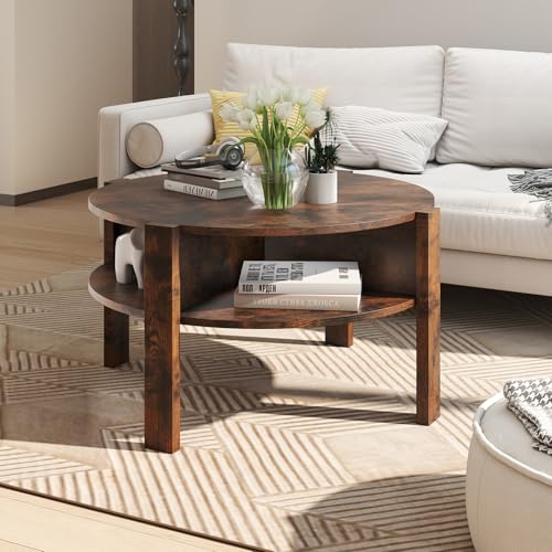 GIANTEX Round Coffee Table, Mid Century Modern Center Table (Rustic Brown) | 2-Tier Storage Shelves & 4 Side Compartments, Wood Coffee Table for Living Room, Small Spaces - color: Rustic Brown