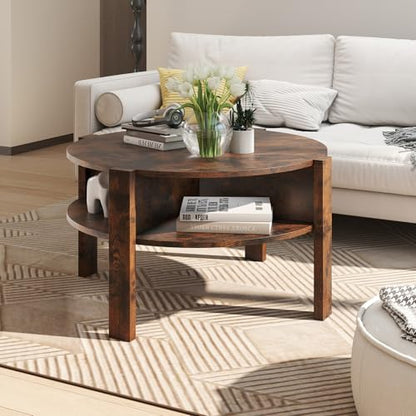 GIANTEX Round Coffee Table, Mid Century Modern Center Table (Rustic Brown) | 2-Tier Storage Shelves & 4 Side Compartments, Wood Coffee Table for Living Room, Small Spaces - color: Rustic Brown