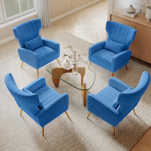 Nebuaegis Blue Velvet Accent Chair Set of 4, Wingback Chair for Living Room, High Back Arm Chair with Golden Legs Lumbar Pillow, Upholstered Single Sofa Bedroom - color: Blue, size: Set of 4