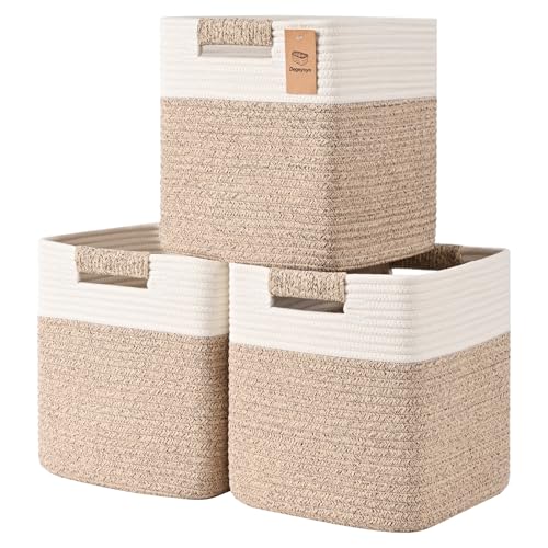 13 Inch Storage Cubes, 3 Pack Cube Storage Bins for Organizing, Cotton Rope Woven Baskets for Shelves, Bathroom, Kids Room, Closets, Baby Nursery - color: Jute & White, size: 13"×13"×13" - 3Pcs