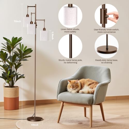 Dimmable Floor Lamp, Tall Standing Lamp with Linen Shade, Industrial Tree Floor Lamps for Living Room Bedroom Office, 3 x 1000LM LED Bulbs Included