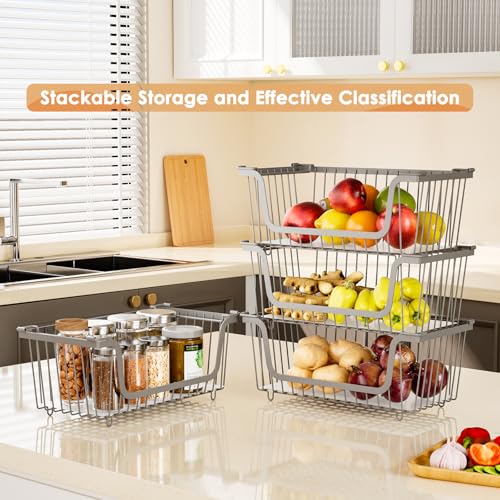 4 Pcs Stackable Wire Baskets for Pantry Organizers and Storage, Gray | Metal Baskets with Handles,Produce Potato Onion Storage Bin,Vegetable Fruit Basket for Countertop, Kitchen Storage - color: Gray