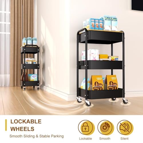 3 Tier Metal Utility Cart, Rolling Storage Cart with Wooden Tabletop, Metal Organizer Cart with Lockable Wheels for Office, Bedroom, Kitchen and Living Room (Black) - color: Black