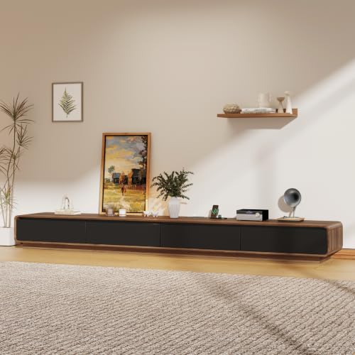 102.4'' Minimalist Floating TV Stand with Power Outlet, Modern Wall-Mounted Entertainment Center for TVs up to 100 Inches, Media Console with Rounded-Corner Design, Walnut and Black - color: Walnut and Black