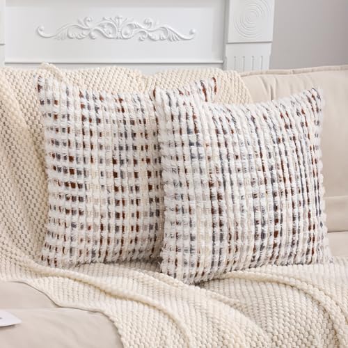 LUOYEHK Boho Throw Pillow Covers 18x18 Inch Set of 2 Farmhouse Neutral Pillow Covers Chenille Tufted Pillowcase for Couch Sofa Bed Living Room, Brown White - color: Brown White, size: 18" x 18" (Pack of 2)
