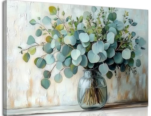 Eucalyptus Flower Vase Canvas Wall Art Sage Green Canvas With Plants Wall Decor Farmhouse Vintage Green Plants Poster Print Artwork for Bathroom Living room Bedroom Home Decoration - color: Eucalyptus flowers, size: 16"L x 12"W