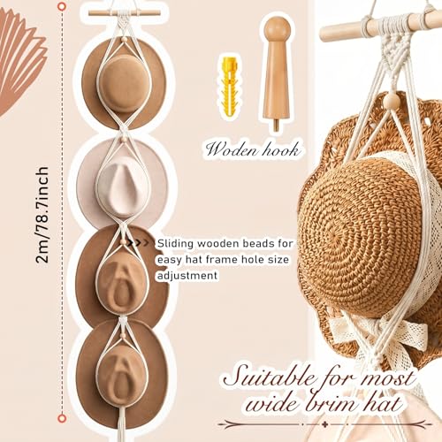 Macrame Hat Hangers Racks Boho Cowboy Hats Holders Western Display Organizer Storage decor Back of Door for Wall(White,Four Hats Style) - color: White, style: Four Hats Style