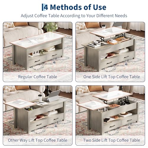 Multifunctional Lift Top Coffee Table, Convertible Wooden Coffee Table with 2 Drawers & Hidden Compartment, Storage Center Table for Living Room Home Office,Grey - color: Grey