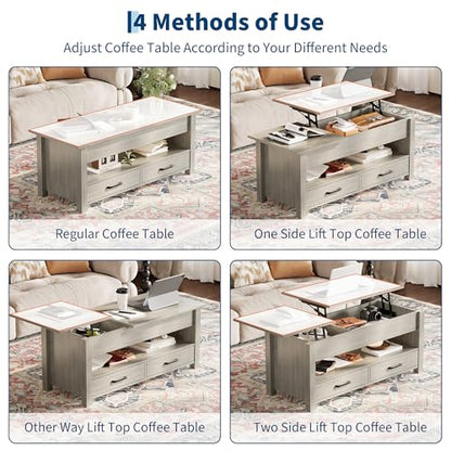 Multifunctional Lift Top Coffee Table, Convertible Wooden Coffee Table with 2 Drawers & Hidden Compartment, Storage Center Table for Living Room Home Office,Grey - color: Grey