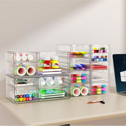 YFXCVSL 6-Pack Acrylic 31-Drawer Storage & Makeup Organizer for Desk | Smooth-glide drawers, clear acrylic, stackable, dustproof, wipe-clean, for makeup palettes, lipsticks, blushes, cotton pads - size: 31 Drawers
