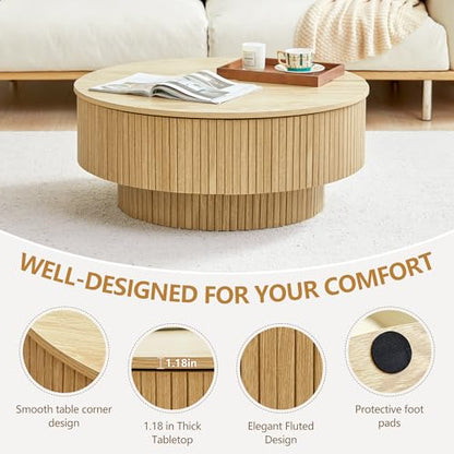 33" Round Coffee Table with Lift-Top & Flip-Top Storage, Modern Accent Fluted Coffee Tables with Metal Frame, Wooden Circle Center Table for Living Room Small Space Apartment Office (Natural) - color: Natural 33" Round Lift-top & Flip-top