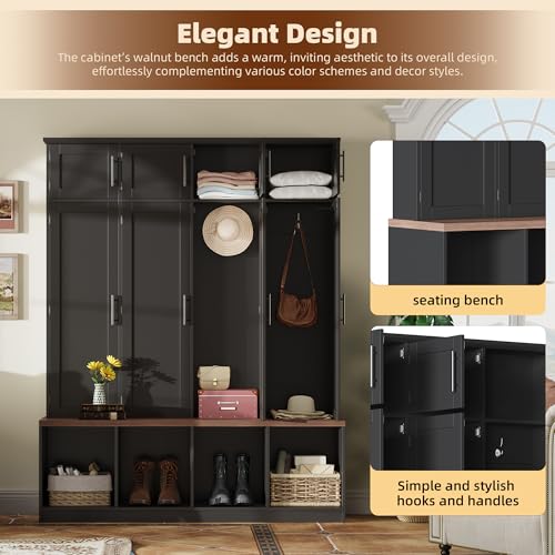JIVOIT 75" H Farmhouse Hall Tree with Storage, Versatile 4-in-1 Coat Hanger with 4 Hidden Hanging Hooks, 8 Doors, Entryway Shoe Cabinet with Open Compartments for Living Room (Black//23) - color: Black//23