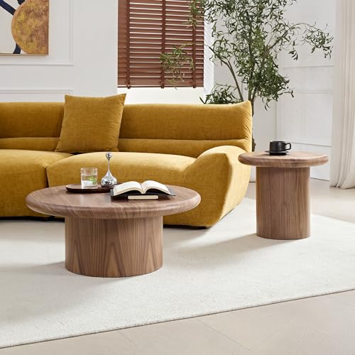 Round Nesting Coffee Table Set of 2, Modern 2-Piece Circle Wooden Center Table with Base, Accent Tea Table for Living Room Apartment, Easy Assembly, 31.5" & 20.87" (Walnut) - color: 31.5" & 20.87",walnut