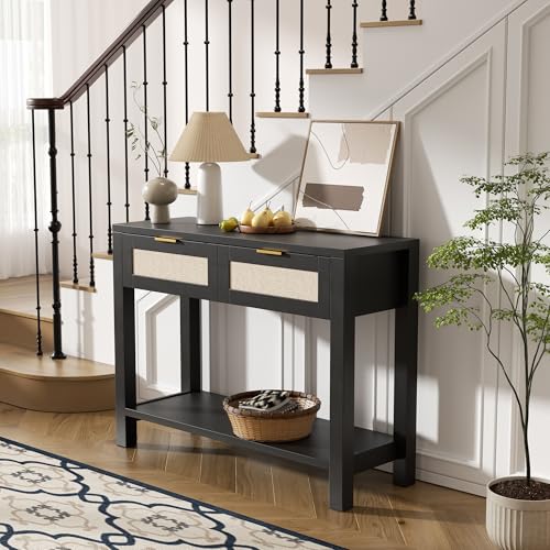 Boho Chic Console Table with 2 Rattan Drawers and Open Shelf Storage, Narrow Farmhouse Sofa Table for Small Space Entryway, Living Room,Hallway, Black - color: Black