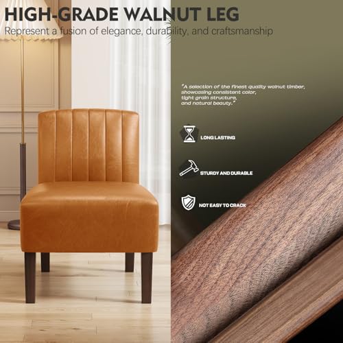 VIRRMO Armless Accent Chairs Set of 2 Upholstered Dining Chairs Living Room Chairs with Solid Wood Legs Bedroom Chair Leather Reading Chair Comfy Chair for Bedroom Vanity Kitchen (Brown) - color: Leather-brown