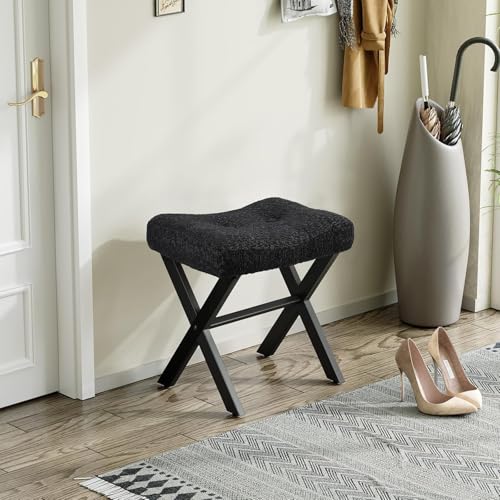 18-Inch Vanity Stool Chair, Black Makeup Stool | Teddy Flannel Vanity Bench, Metal X-Leg, 300 LBS, 16.3"x12.4"x18", Ottoman Accent Stool, Breathable Soft Saddle Seat - size: Small, style: Black Fabric