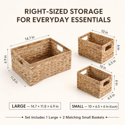 Set of 3 Water Hyacinth Storage Basket Rattan Woven Shelf Organizing with Built-in Handles 3-Pack Nesting Wicker Bathroom Accessories Pantry Storage