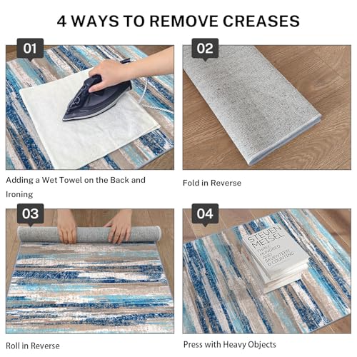 Lansny Modern Abstract 2x5 Runner Rug Non Slip Washable Kitchen Rugs | Blue;Thin Printed Faux Wool Entryway Runners;Hallway Rug Runner;Carpet Ruuner for Bedroom, Laundry Room - color: Blue Aqua/Beige Taupe Multi, size: 2' x 5' (Runner)