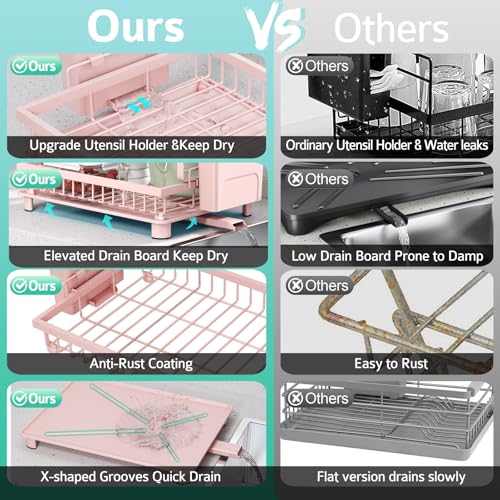 Multifunctional Dish Drying Rack - Rustproof, 2-Tier Dish Racks with Drainboard, Space-Saving Design, Utensil & Cup Holder for Kitchen Counter, Pink - color: Pink