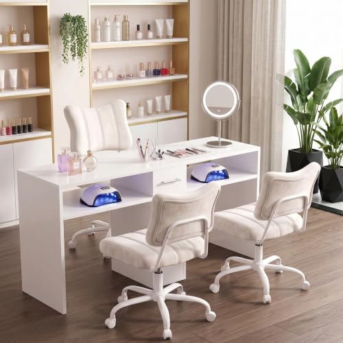Homkdom Velvet Vanity Chair with Bow Backrest & Height Adjustable,Bedroom | Armless,360 Swivel,Silent Casters for Dressing Room & Living Room, Home Office,Make up,Reading,Beige - color: Beige