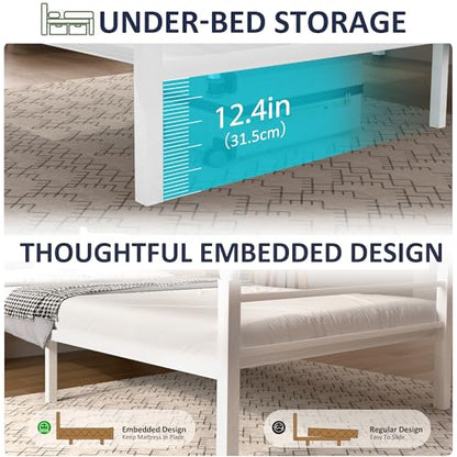 J.Fkne Twin Bed Frame with LED Lights & Charging Station, Metal Platform Bed with Headboard, Heavy Duty Metal Slats, No Box Spring Needed, Noise Free, Easy Assembly, White - size: Twin, style: Classic White