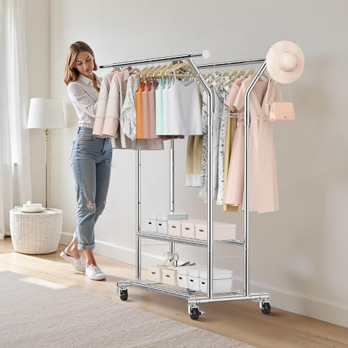 VEVOR Clothes Rack, Rolling Clothing Garment Rack, Extendable Carbon Steel Clothing Racks with Wheels for Bedroom, Laundry, Living Room - style: Modern