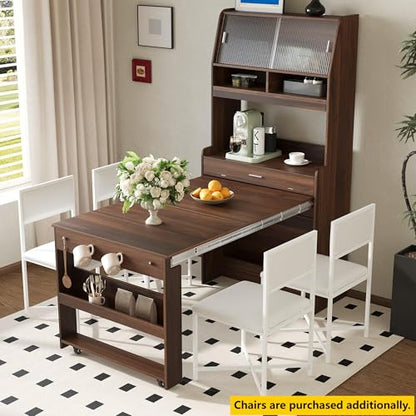 RuiSiSi Space Saving Folding Dining Table for 2-4, Farmhouse Buffet with Hutch and Storage Shelves, Multifunctional Cupboard with Side Hooks for Small Space, Studio, Apartment, Walnut - color: Walnut