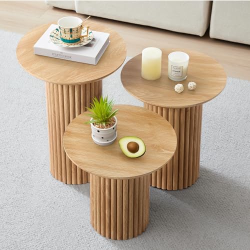 Bifins Natural Round Nesting Coffee Table Set of 3 for Living Room | Coffee and End Table Set,Fluted,Nesting Side Table,Drink Table,End Table,Plant Stand,Oak,Mid Century Modern,Nested - color: Natural