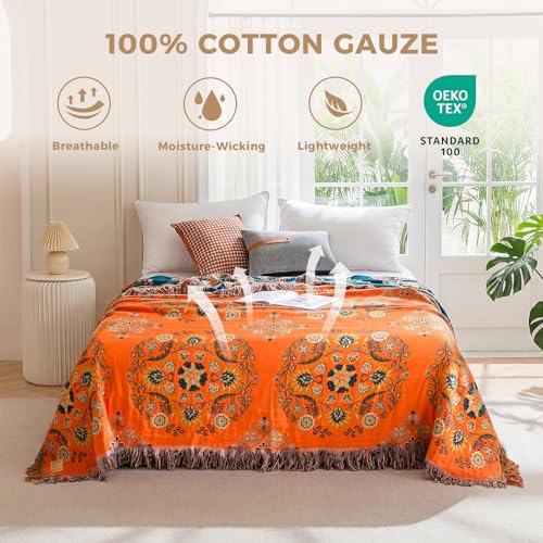 LUTBM Boho Throw Blanket for Bed 60"x80", 100% Cotton Orange Couch Blankets | Soft Reversible Floral Jacquard, All-Season, Twin Quilt for Chair Sofa Living Room, Lightweight & Breathable, Home Decor Gift - color: Boho-floral-b, size: 60"×80"