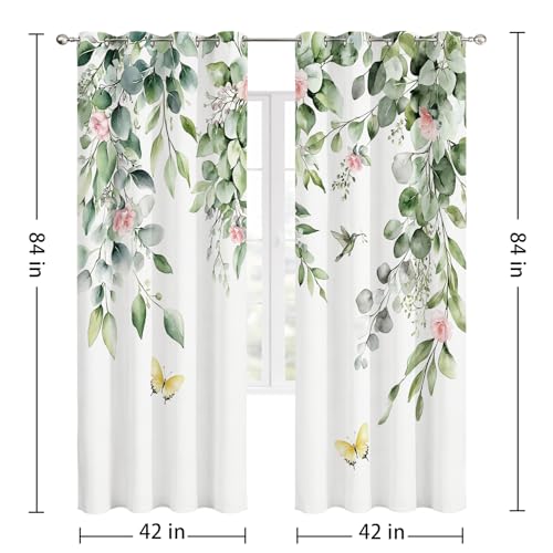 Green Botanical Eucalyptus Blackout Curtains, 2 Panels 42x84 Inch | Green Leaves and Pink Flower Butterfly Bird Design Nature Plant Botanical Room Darkening Curtains for Bedroom - color: Pink, size: 42"W x 84"L (Pack of 2)