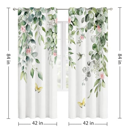 Green Botanical Eucalyptus Blackout Curtains, 2 Panels 42x84 Inch | Green Leaves and Pink Flower Butterfly Bird Design Nature Plant Botanical Room Darkening Curtains for Bedroom - color: Pink, size: 42"W x 84"L (Pack of 2)