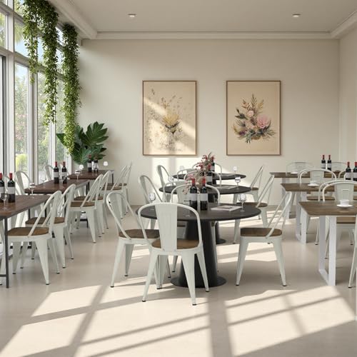 18 Inch White Dining Chairs Set of 4, Farmhouse Metal Chairs with High Back and Wooden Seat, Stackable Industrial Bar stools for Dining Room (White) - color: White