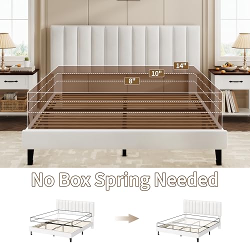 Garvee Queen Size Platform Bed Frame with Upholstered Headboard, White | Fully Velvet Upholstered Mattress Foundation with Height Adjustable Headboard, No Box Spring Needed, Easy Assembly - color: White, size: Queen