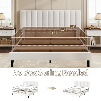 Garvee Queen Size Platform Bed Frame with Upholstered Headboard, White | Fully Velvet Upholstered Mattress Foundation with Height Adjustable Headboard, No Box Spring Needed, Easy Assembly - color: White, size: Queen
