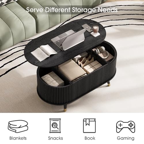 SULIVES Oval Coffee Table with Storage,Multifunctional Lift Top Drum Coffee Table, Small Fluted Center Table for Living Room, Black - color: Black_oval